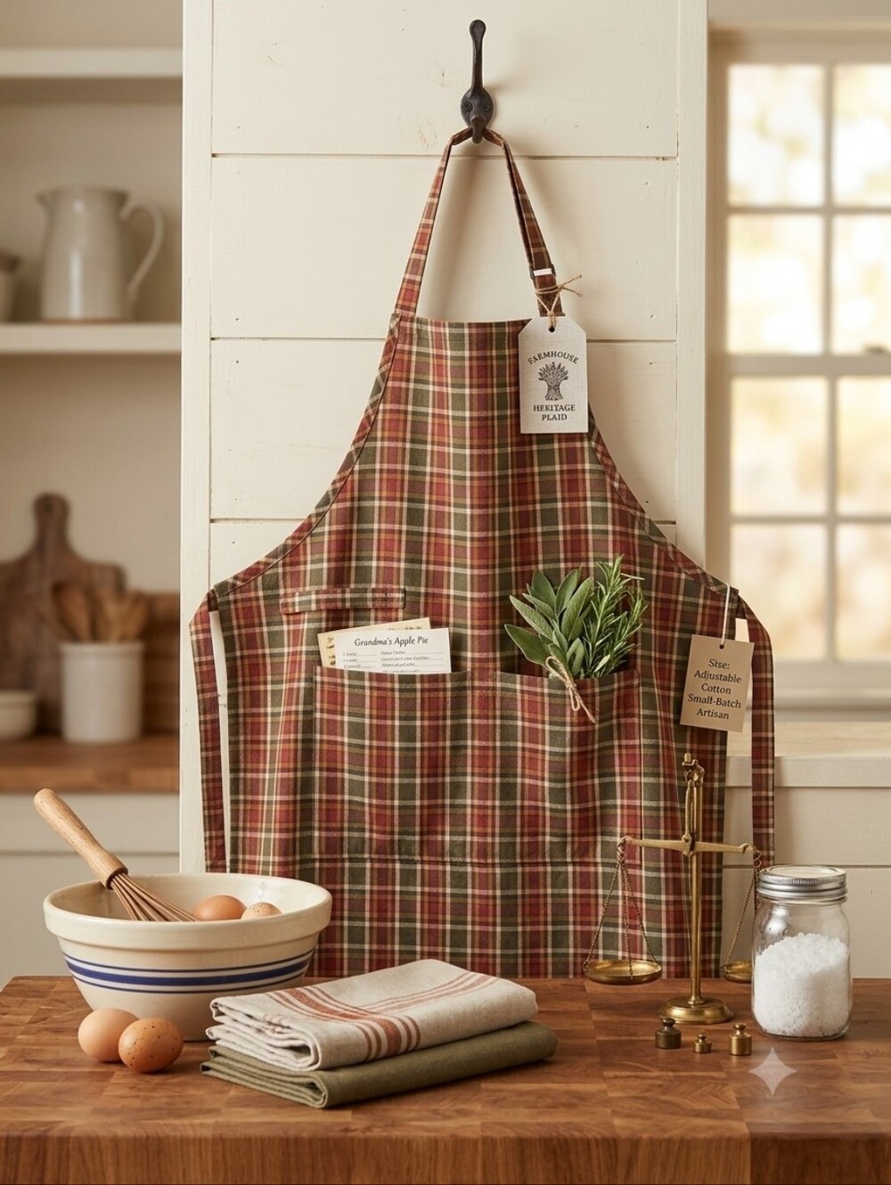 Park Designs Loomed Plaid Cotton Apron Farmhouse Cabin Core Red Green